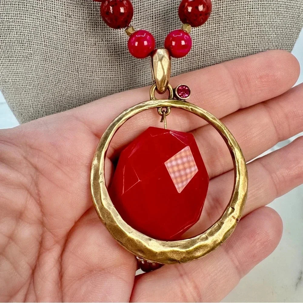 Chico’s Statement Pendant Necklace Signed Red Pink and Burgundy Gold-ton… - Picture 4 of 11